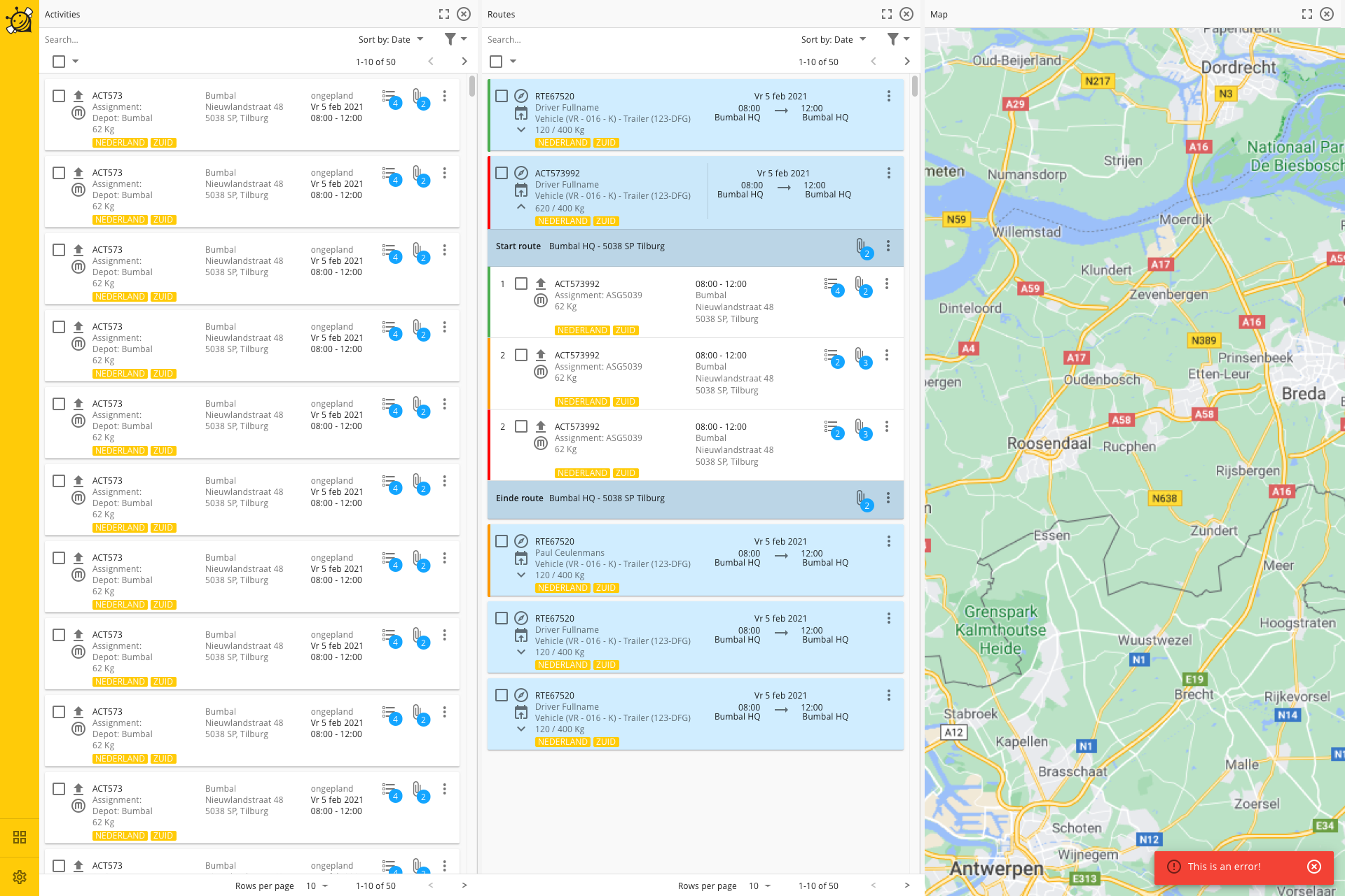 webinterface bumbal transport software bezorgen en planning